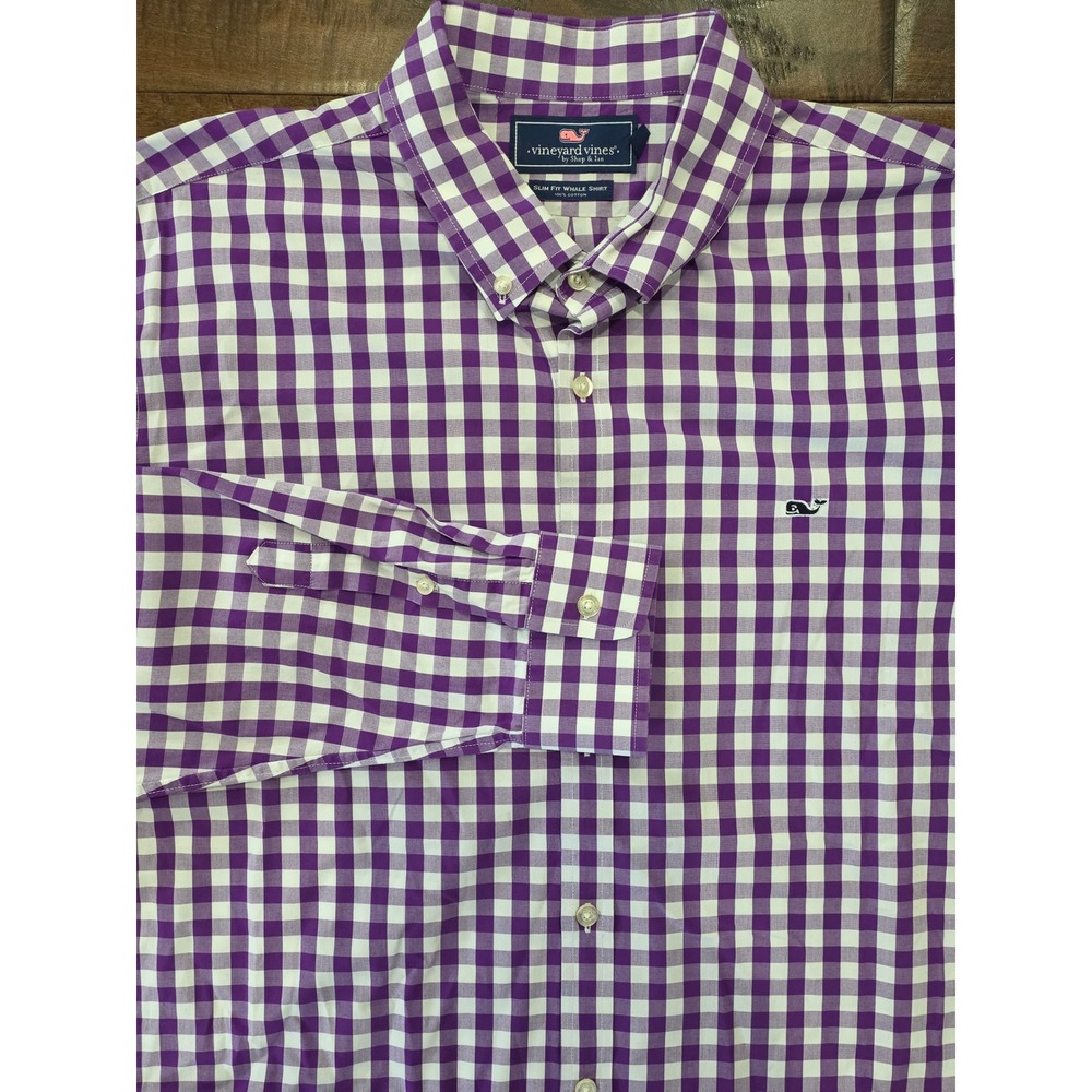 Vineyard Vines Preppy 2XL Slim Fit Whale Shirt Purple Gingham Cotton Button Down